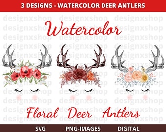 Watercolor Floral Deer Antlers Clipart: PNG & SVG (Digital Download)