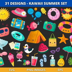 kawaii summer clipart | summer clipart | beach clipart | summer characters clipart | summer graphics | kawaii cartoon characters PNG Images