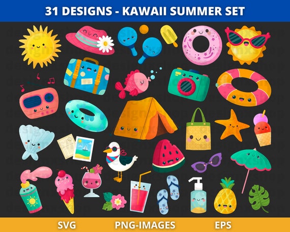 kawaii summer clipart | summer clipart | beach clipart | summer characters clipart | summer graphics | kawaii cartoon characters PNG Images