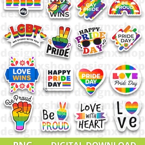 May include: A collection of sixteen colourful stickers featuring Pride-themed designs, rainbows, and hearts. Text includes phrases like Pride Day, Love Wins, Be Proud, Happy Pride Day, LGBT We Stand With You, and Love With Heart in various fonts.