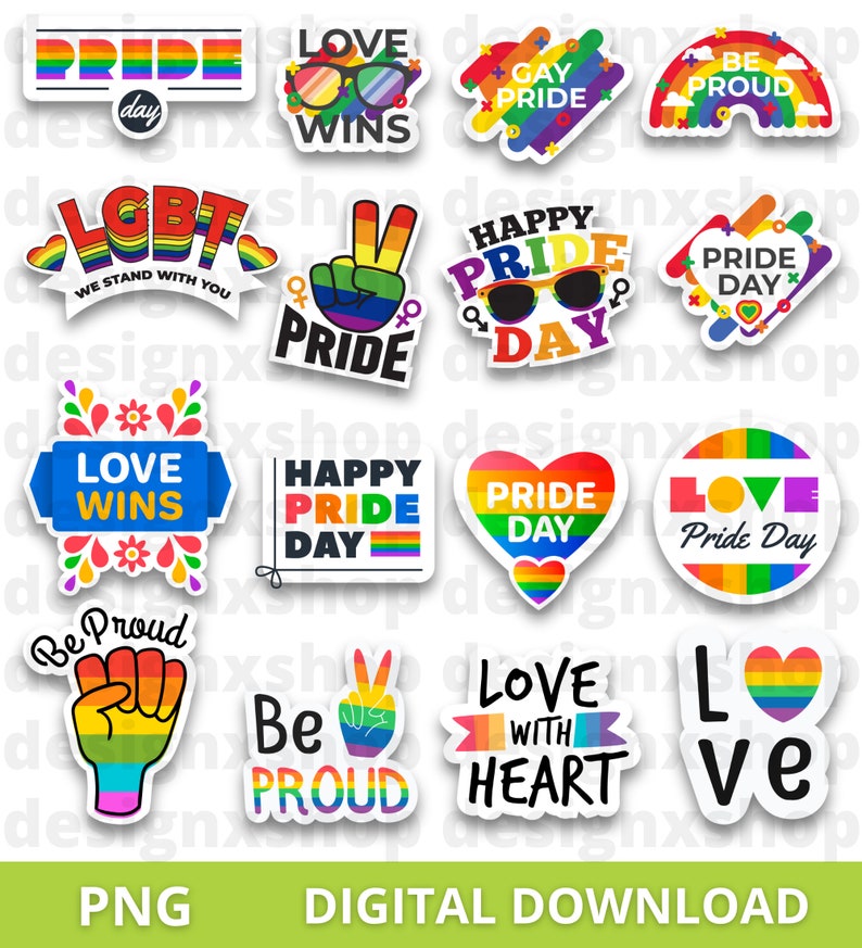 May include: A collection of sixteen colourful stickers featuring Pride-themed designs, rainbows, and hearts. Text includes phrases like Pride Day, Love Wins, Be Proud, Happy Pride Day, LGBT We Stand With You, and Love With Heart in various fonts.