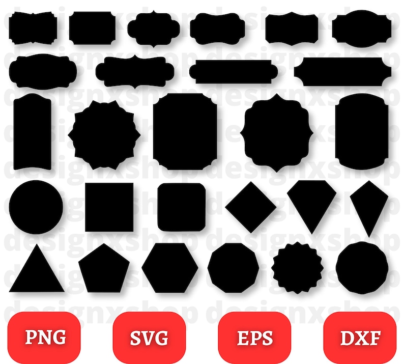 May include: A set of 20 black silhouette shapes, including circles, squares, triangles, diamonds, stars, and various frame shapes. The shapes are arranged in a grid pattern on a white background. The image includes the text "PNG", "SVG", "EPS", and "DXF" in red boxes.