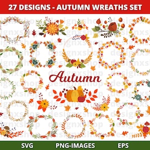 May include: A set of 27 autumn wreath designs featuring various fall elements like leaves, acorns, pumpkins, and flowers. The wreaths are in different colors and styles, perfect for adding a touch of autumn to your crafts and projects.