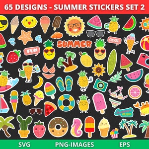 Paquete SVG de pegatinas de verano / Imágenes prediseñadas de verano / Imágenes prediseñadas de temporada / svg de verano / Pegatinas de playa / Pegatinas digitales de frutas tropicales / PNG y SVG