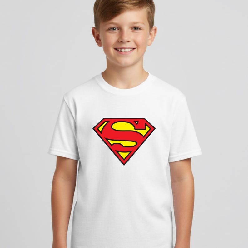 May include: White t-shirt featuring the Superman logo. The logo is a red and yellow diamond shape with a stylized "S" in the center. The shirt is short-sleeved and appears to be made of cotton.
