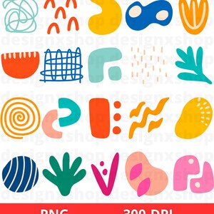 May include: A set of 16 colorful abstract shapes and patterns, including swirls, waves, dots, and geometric designs. The shapes are in various colors, including blue, green, yellow, orange, pink, and red.