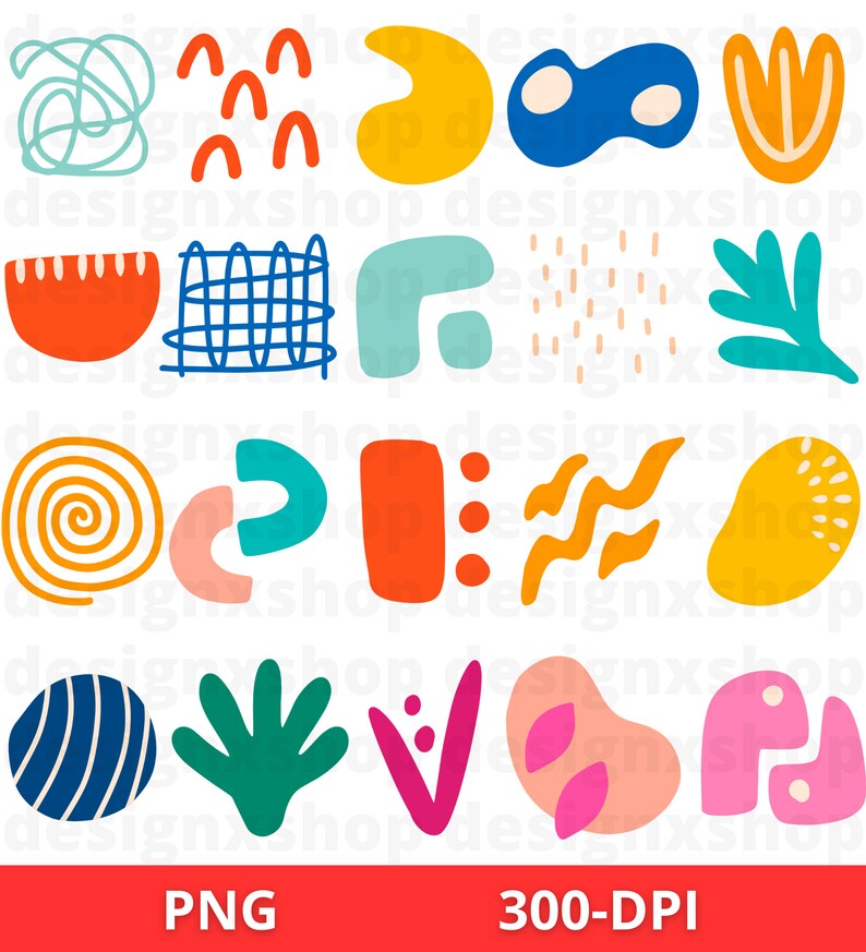 May include: A set of 16 colorful abstract shapes and patterns, including swirls, waves, dots, and geometric designs. The shapes are in various colors, including blue, green, yellow, orange, pink, and red.
