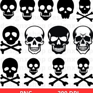 Puede incluir: Conjunto de diez ilustraciones de calaveras y huesos cruzados en blanco y negro. Las calaveras est&aacute;n en varias poses, algunas con una sonrisa de dientes, otras con una expresi&oacute;n m&aacute;s seria. Los huesos cruzados son simples y sim&eacute;tricos.