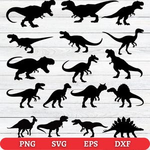 May include: A collection of black dinosaur silhouettes in various poses. The image includes different types of dinosaurs, such as Tyrannosaurus Rex and Stegosaurus. The bottom of the image has the text "PNG SVG EPS DXF" on a red background.