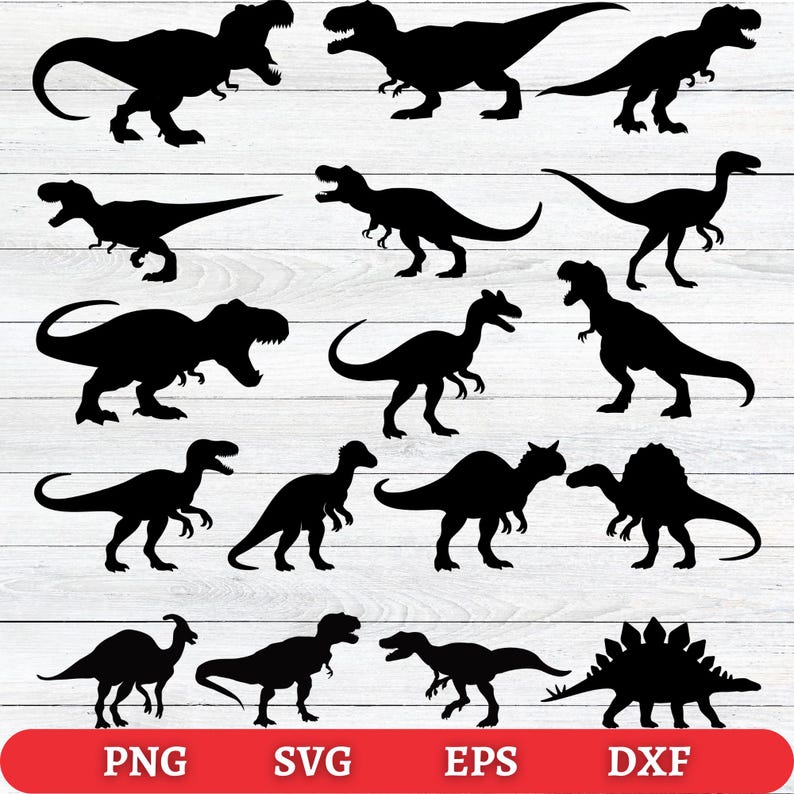May include: A collection of black dinosaur silhouettes in various poses. The image includes different types of dinosaurs, such as Tyrannosaurus Rex and Stegosaurus. The bottom of the image has the text "PNG SVG EPS DXF" on a red background.