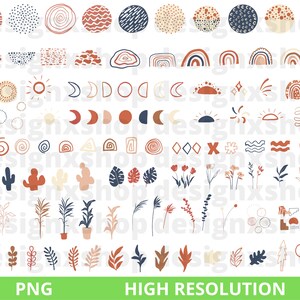 May include: A set of 70 hand-drawn boho style illustrations in various colors, including red, orange, yellow, blue, and green. The illustrations include geometric shapes, plants, flowers, and celestial elements. PNG HIGH RESOLUTION is written at the bottom of the image.