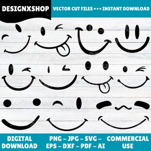 Puede incluir: Una colección de diseños de caras sonrientes negras con diversas expresiones, incluyendo guiños y sacando la lengua. La imagen incluye el texto "DESIGNXSHOP" y "VECTOR CUT FILES... INSTANT DOWNLOAD". Debajo están las palabras "DIGITAL DOWNLOAD" y opciones de tipo de archivo.