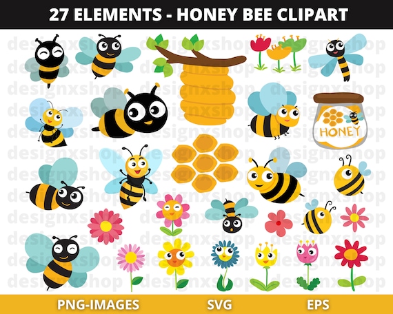 Bee clipart, Honey clipart, Flower clipart, Honey bees clipart, honeycomb, Floral clipart, spring clipart, Instant Download SVG and PNG