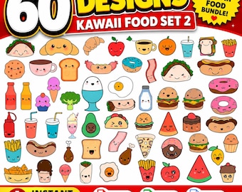 Kawaii Food Clipart, Kawaii SVG Bundle, Food clipart, Cute food clipart, Sweet clipart, Cartoon Food Clipart, Download SVG and PNG