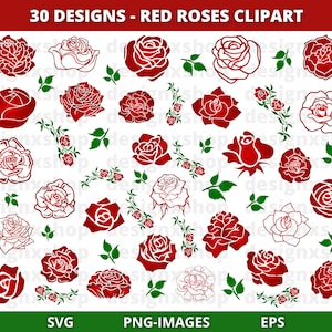 Clipart roses rouges, lot de roses, roses SVG, clipart Silhouette Rose, Cricut, clipart fleurs, clipart Floral, téléchargement immédiat SVG et PNG