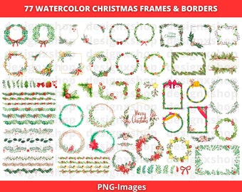 Christmas frames clipart bundle watercolor holiday borders festive wreaths, Winter border 77 pngs digital download