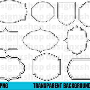 May include: Set of ten black and white frame outlines with different shapes and sizes. The frames are perfect for adding a decorative touch to your projects.