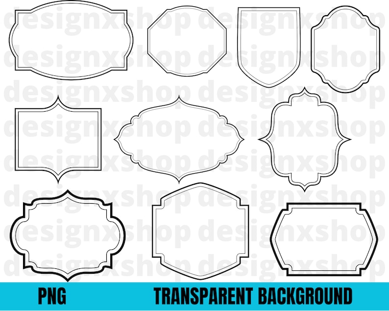 May include: Set of ten black and white frame outlines with different shapes and sizes. The frames are perfect for adding a decorative touch to your projects.