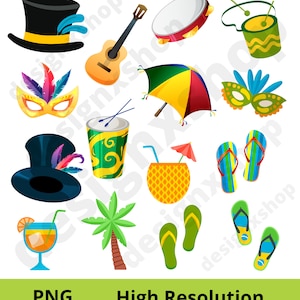 May include: A set of colorful cartoon illustrations featuring various carnival and beach themed items, including a guitar, a tambourine, a green and yellow cup, a pineapple drink, flip flops, a palm tree, a top hat, a mask, and an umbrella.