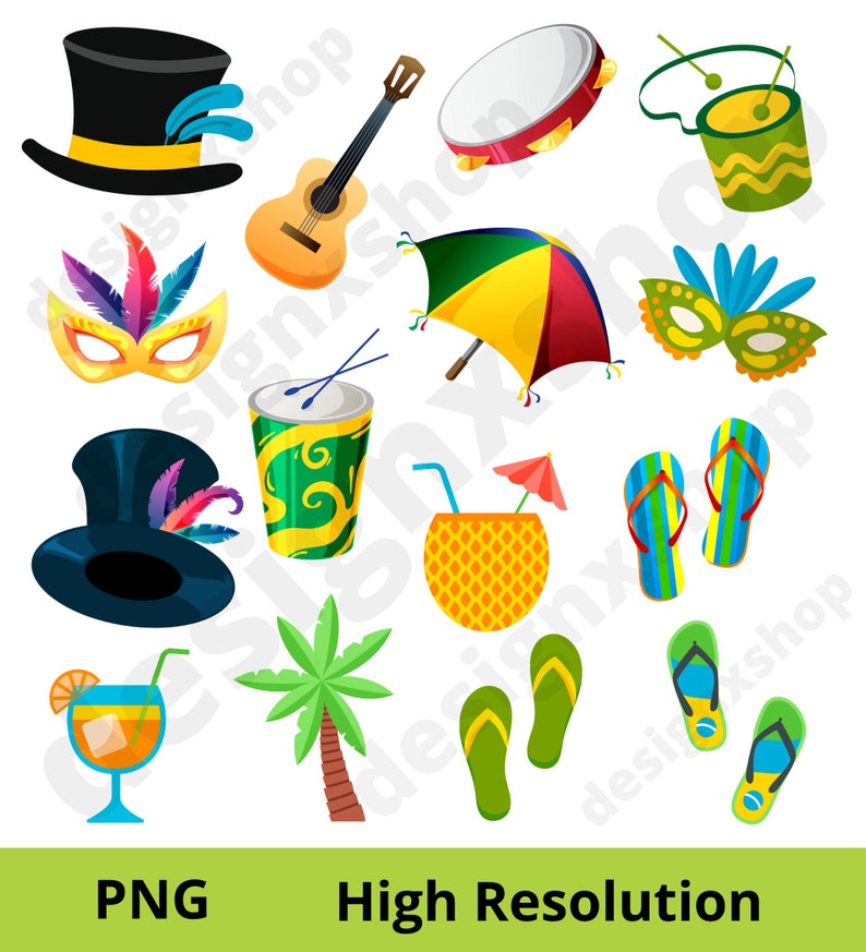 May include: A set of colorful cartoon illustrations featuring various carnival and beach themed items, including a guitar, a tambourine, a green and yellow cup, a pineapple drink, flip flops, a palm tree, a top hat, a mask, and an umbrella.