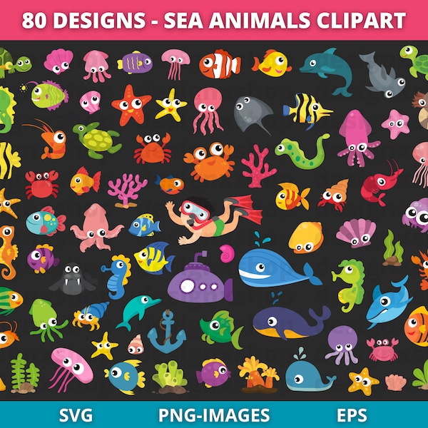 Sea Animals Clipart, Sea life clipart, Ocean Animal clipart, Sea Creatures Clipart, Under The Sea Clipart, Summer clipart, SVG and PNG