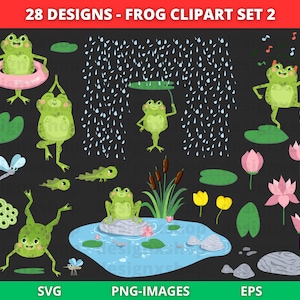 Frogs Clipart, Pond Clipart, lilypads Clipart, Summer Clipart, Dragonflies, Cute frogs, Tadpole Froglet Egg-Masses, Download SVG and PNG