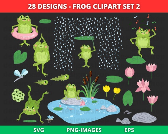 Frogs Clipart, Pond Clipart, lilypads Clipart, Summer Clipart, Dragonflies, Cute frogs, Tadpole Froglet Egg-Masses, Download SVG and PNG