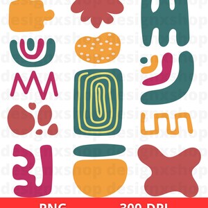 May include: A set of 12 abstract shapes in various colors, including teal, yellow, orange, red, and pink. The shapes are simple and geometric, with some featuring dots or lines.