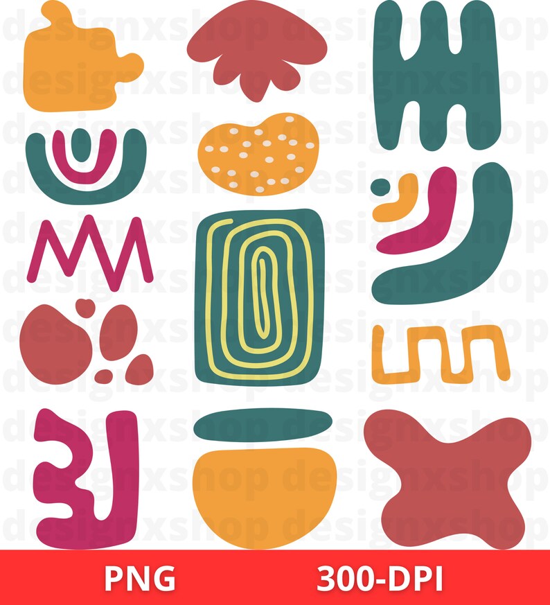 May include: A set of 12 abstract shapes in various colors, including teal, yellow, orange, red, and pink. The shapes are simple and geometric, with some featuring dots or lines.