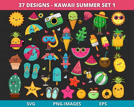 kawaii summer clipart | summer clipart | beach clipart | summer characters clipart | summer graphics | kawaii cartoon characters SVG and PNG