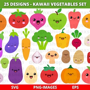 Kawaii Gemüse Clipart, Niedliches Gemüse Clipart, Gemüse Clipart, Lebensmittel Clipart, Cartoon Gemüse, Kawaii Lebensmittel Clipart, SVG und PNG
