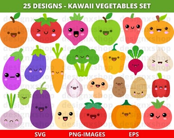 Clipart di verdure kawaii, Clipart di verdure carine, Clipart di verdure, Clipart di cibo, verdure dei cartoni animati, Clipart di cibo kawaii, SVG e PNG