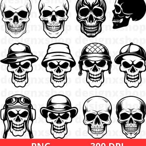 Puede incluir: Conjunto de diez ilustraciones de cr&aacute;neos en blanco y negro con diferentes sombreros y accesorios. Los cr&aacute;neos est&aacute;n todos en un estilo de dibujos animados y tienen una expresi&oacute;n amigable. Los sombreros incluyen una gorra de b&eacute;isbol, un fedora, un gorro, un sombrero de vaquero, un casco militar, un casco de piloto y una gorra.