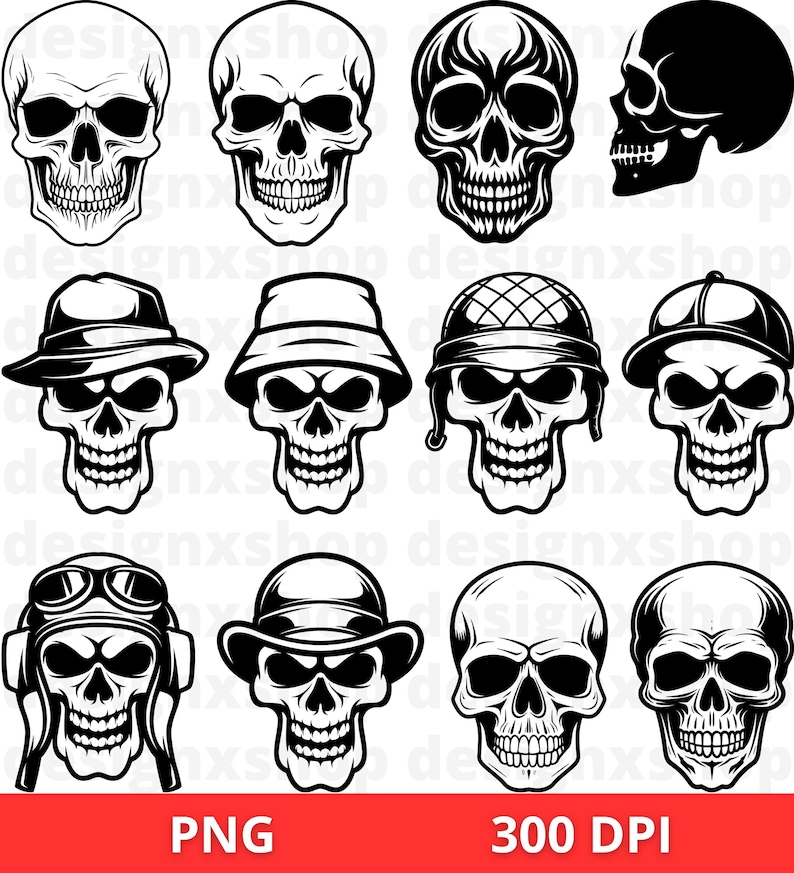 Puede incluir: Conjunto de diez ilustraciones de cr&aacute;neos en blanco y negro con diferentes sombreros y accesorios. Los cr&aacute;neos est&aacute;n todos en un estilo de dibujos animados y tienen una expresi&oacute;n amigable. Los sombreros incluyen una gorra de b&eacute;isbol, un fedora, un gorro, un sombrero de vaquero, un casco militar, un casco de piloto y una gorra.