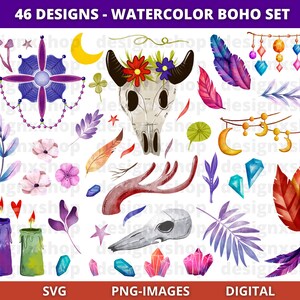 Clipart de acuarela boho, clipart de flores boho, clipart de plumas, clipart místico, boho, clipart de boda, descargar SVG y PNG