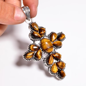 Tiger Eye Pendant, Vintage Tiger Eye, Designer Pendant, Gemstone Pendant, Cross Pendant, 925 Sterling Silver Pendant, FantasticJewelryGift