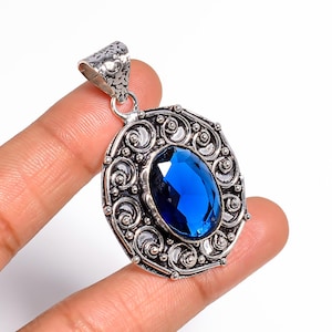 Blue Topaz Pendant, 925 Sterling Silver Pendant, Filigree Pendant, Victorian Jewelry, Girl Gift, Fantastic Pendant, Antique Gemstone Jewelry