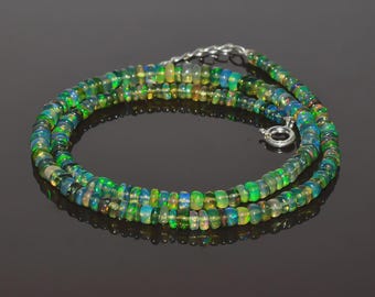 AAA+ Ethiopian Opal Necklace, Light Green Opal Necklace, Beaded Opal Necklace, Plain Opal Necklace, 925 Sterling Silver.