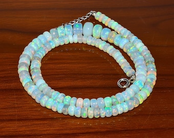 AAA+ White Multi Fire Ethiopian Opal Beaded Necklace: Handmade Beaded Necklace, Multi-Fire Rondelle Beads, 925 Sterling Silver, Gift For Her