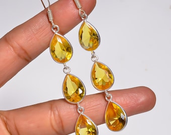 Hangoorbellen citrien: 925 sterlingzilver, peergeslepen vintage oorbel met drie stenen, sieraden uit het verleden, heden en toekomst