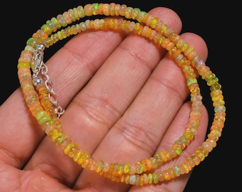 AAA+ Multi Fire Ethiopian Opal Necklace: 925 Sterling Silver Opal Necklace- Yellow Gold Plated Opal Necklace- Rondelle Opal Beaded Necklace-