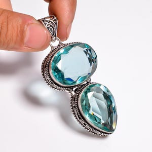 Aquamarine Average Size Gemstone Handmade 925 Sterling Silver Pendant Necklace Jewelry, Giant Size Pendant, Dual Aquamarine Pendant For Gift