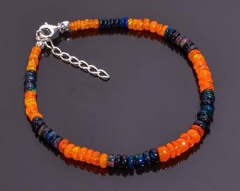 Black opal beaded bracelet, genuine fire black opal beads, vintage fire black opal bracelet, sterling silver black ethiopian opal bracelet