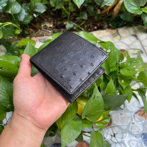 Zwart echt struisvogellichaam Dubbelzijdig echt leer Huid Bifold Portemonnee Kaart Geldclip, Struisvogelkaart Portemonnee, Lederen Portemonnee Bifold