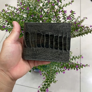 Portefeuille à deux volets en cuir d'autruche véritable olive vert, carte pince à billets, portefeuille à deux volets pour homme, cadeau pour lui, carte de visite professionnelle de visite, photo d'identité de portefeuille