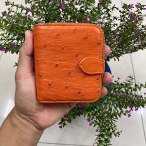 Billetera plegable de piel de avestruz auténtica color naranja con cremallera y clip para billetes para mujer, billetera para mujer, regalo para ella, billetera con cremallera para mujer
