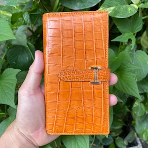 Marrón bronceado genuino ALLIGATOOR piel de cuero unisex cartera larga, titular de la tarjeta cremallera de cartera larga, regalo para él ella, cartera de chequera hecha a mano