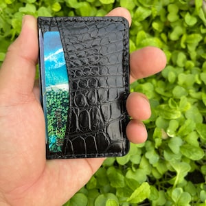 Porte-cartes de crédit en cuir véritable noir GATOR/Porte-cartes mince avec porte-cartes de visite/Porte-cartes minimaliste/Mini porte-cartes en cuir