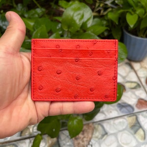 Vermelho genuíno avestruz corpo couro pele titular do cartão de crédito/titular do cartão de visita caso de cartão de couro minimalista rifd titular do cartão masculino feminino
