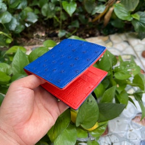 Blau / Rot doppelseitige echte Straußenleder Haut Bifold Brieftasche Karte Geldklammer, Herren Bifold Brieftasche, Geschenk für ihn, Brieftaschenkarte Bussines